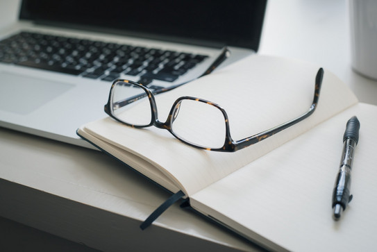 laptop, notebook, glasses, pencil