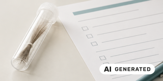 Laborprobe AI generated - Röhrchen mit Haaren und ein Block mit Stift